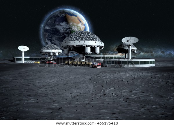 futuristic city, base, town on moon. The space view\
of the planet earth. expedition. 3d rendering. Elements of this\
image furnished by\
NASA