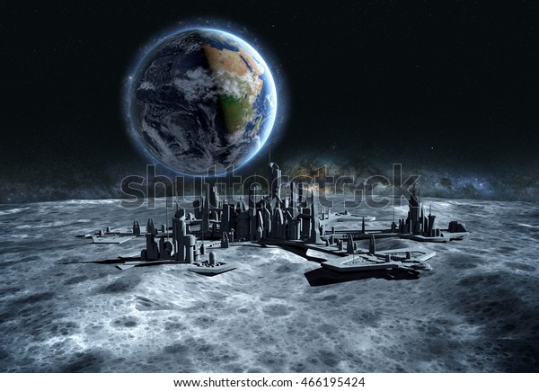 futuristic city, base, town on moon. The space view\
of the planet earth. expedition. 3d rendering.Elements of this\
image furnished by\
NASA
