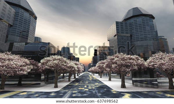 Futuristic city, cherry alley in a fantastic\
city, urban landscape, 3d\
rendering