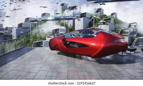 Futuristic City. Flying Car Traffic. Megapolice. Future Concept. 3d Rendering. 3D Illustration