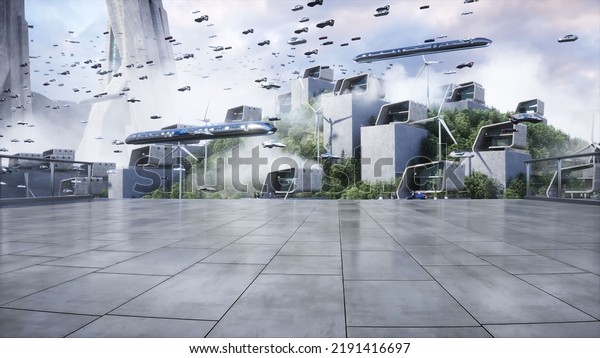 Futuristic city. flying car traffic.\
megapolice. Future concept. 3d rendering. 3D\
Illustration