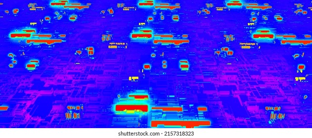 Futuristic City In Infrared. Abstract Circuit Board With Red Glowing 3d Render Chips In Blue Cyberspace. Ultraviolet Techno Metropolis With Bright Lighting