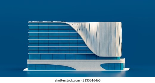 Futuristic City Mall. Architectural High Rise Single Shopping Center Model, Big Building On Blue Background. Realistic Solid And Flat Style Building. 3d Renderding. Public Building.