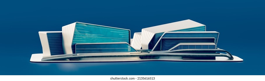 Futuristic City Mall. Architectural High Rise Single Shopping Center Model, Big Building On Blue Background. Realistic Solid And Flat Style Building. 3d Renderding. Public Building.