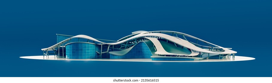 Futuristic City Mall. Architectural High Rise Single Shopping Center Model, Big Building On Blue Background. Realistic Solid And Flat Style Building. 3d Renderding. Public Building.