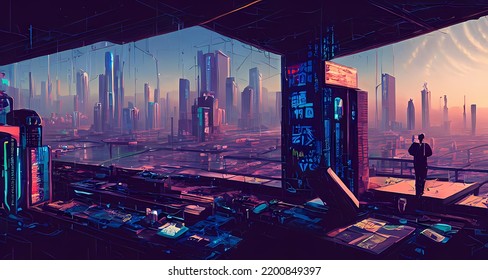 A Futuristic City With A Man Standing In The Middle Of It. Overlooking City Concept. Digital Illustration