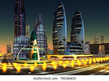 Futuristic City At Night - 3d Illustration