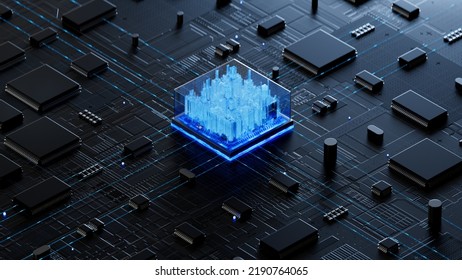 Futuristic City On Motherboard With Cpu. Smart City Concept.. 3D Rendering. 3d Background