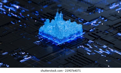 Futuristic City On Motherboard With Cpu. Smart City Concept.. 3D Rendering. 3d Background