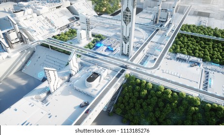 Futuristic City, Town. The Concept Of The Future. Aerial View. 3d Rendering.