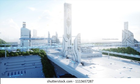 Futuristic City, Town. The Concept Of The Future. Aerial View. 3d Rendering.