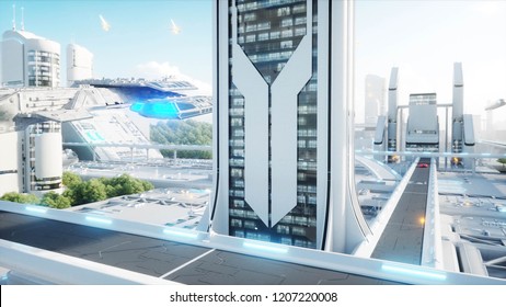 Futuristic City, Town. The Concept Of The Future. Aerial View. 3d Rendering.