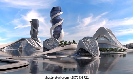 Futuristic City Waterfront With Organic Architecture, With The Clipping Path Included In The 3D Illustration, For Science Fiction Or Fantasy Backgrounds.