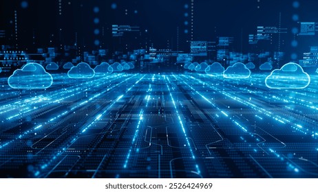 Futuristic cloud computing network with glowing digital pathways, representing cloud technology, data flow, and global connectivity. Cybersecurity digital data background, 3D Rendering