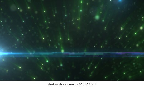 Futuristic composition of green light particles with blue highlights and cosmic motion streaks.