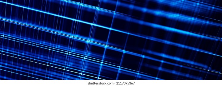 Futuristic composition on dark background. Colored pattern of connection dots and lines. Technology Banner. 3D Widescreen