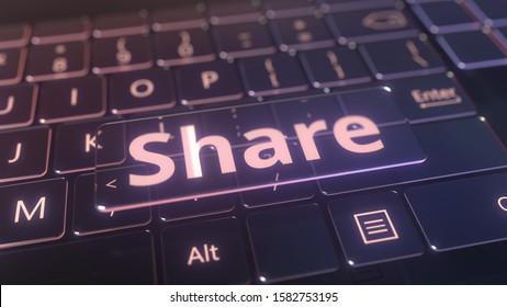 Futuristic computer keyboard and transparent share key. Conceptual 3D rendering