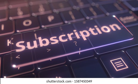 Futuristic computer keyboard and transparent subscription key. Conceptual 3D rendering