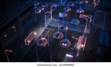 Futuristic Concept: Computer Vision of Busy City Street with Driverless Autonomous Cars and Pedestrians. Futuristic Self-Driving Transport is Moving on a Public Highway in a Modern City