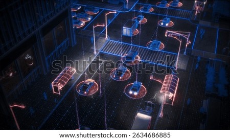 Futuristic Concept: Computer Vision of Busy City Street with Driverless Autonomous Cars and Pedestrians. Futuristic Self-Driving Transport is Moving on a Public Highway in a Modern City