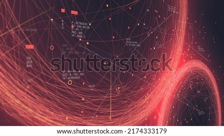 Futuristic connected dots and lines polygons plexus, information flow processing technology, two spheres of digital clouds, monitor screen in perspective