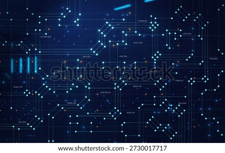 Futuristic control panel, circuit board, circuit diagram with traces, connections and signal lights. Conductor path, data processing, reflections, LED or diode light, technology, sciences.