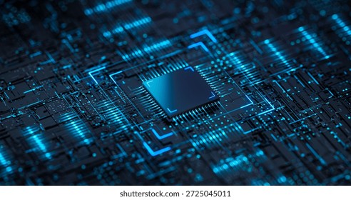 Futuristic CPU Processor on Digital Circuit Board Technology Background. 3D Illustration