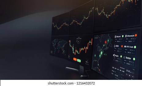 Futuristic Crypto Currency/stock  Exchange Scene With Chart, Numbers And BUY And SELL Options (3D Illustration)