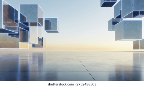 Futuristic cube structure digital geometry abstract architecture minimal background reflective surface 3d render floating shape sci fi, 3d rendering
