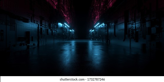 Futuristic Cyber Sci Fi Schematic Metal Reflective Neon Glowing Purple Blue Texture Electric Tunnel Corridor Spaceship Warehouse Concrete Realistic Background 3D Rendering Illustration