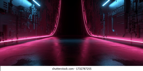 Futuristic Cyber Sci Fi Schematic Metal Reflective Neon Glowing Purple Blue Texture Electric Tunnel Corridor Spaceship Warehouse Concrete Realistic Background 3D Rendering Illustration