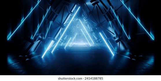 Futuristic Cyber Sci Fi Triangle Shaped Tunnel Corridor Alien Spaceship Hangar Warehouse Glowing Lasers Blue Electric Stage Showroom 3D Rendering Illustration