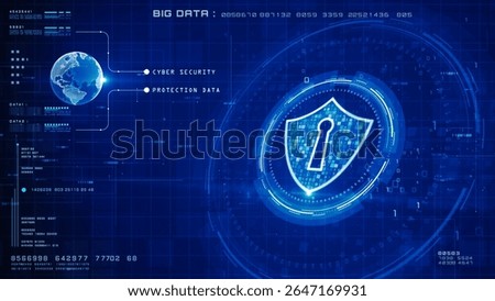 Futuristic cyber security interface with digital shield, binary code, and global network connection on a high-tech blue background. 3d Rendering