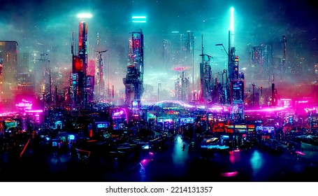 Futuristic cyberpunk city full of neon lights at night, Retro future illustration in a style of pixel art, Blurred background - Powered by Shutterstock