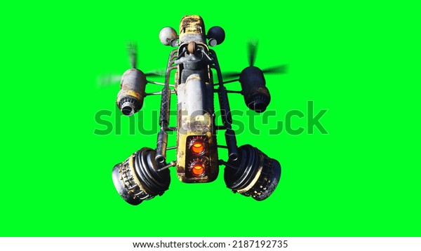 Futuristic cyberpunk flying car with\
girl. Green screen isolate. 3d rendering. 3D\
Illustration