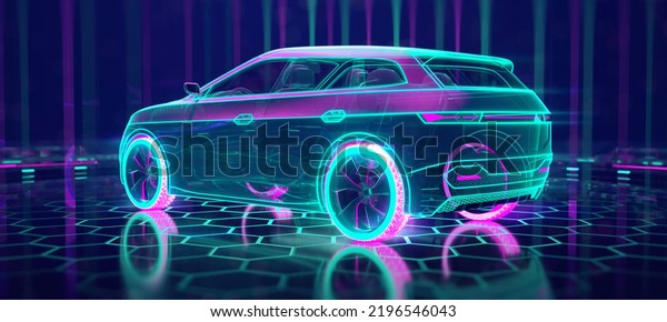 Futuristic\
cyberpunk neon car on the tech space and vertical rays of light\
around. Back side of the SUV car. Professional 3d rendering of own\
designed generic non existing car\
model.
