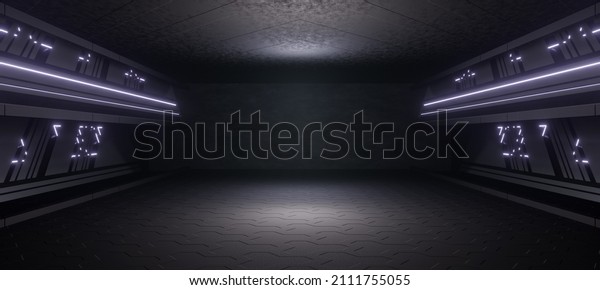 futuristic dark concrete underground space with\
lights 3d\
rendering