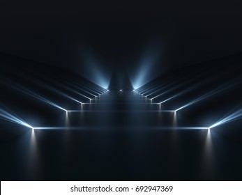 Futuristic dark podium with light and reflection background. 3D rendering.