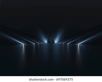 Futuristic Dark Podium With Light And Reflection Background. 3D Rendering.