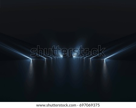 Futuristic dark podium with light and reflection background. 3D rendering.