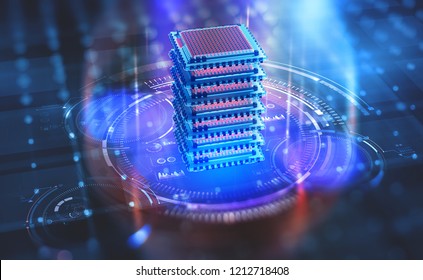 Futuristic Data Center. Big Data Analytics Platform. Quantum Processor In The Global Computer Network. 3d Illustration Of Digital Cyberspace With HUD Element