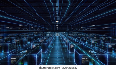 Futuristic Data Center with Turned on 3D Render of Inforgraphics. Augmented VFX Visualization on Server Farm Cloud Computing Facility. Internal System Working Properly in Cyber Data Security Company. - Powered by Shutterstock