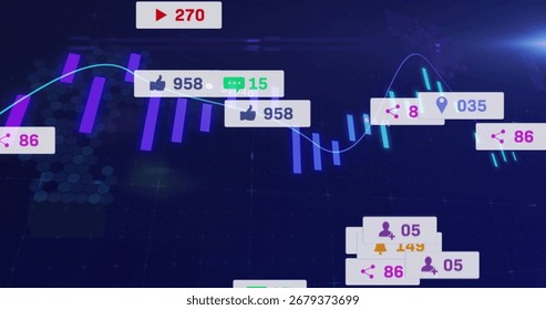 Futuristic data dashboard displaying candlestick bars neon graph and icons in hex grid interface. Technology, analytics, interface, visualization, innovation, digital, dashboards
