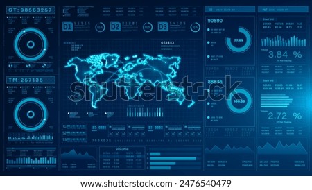 Futuristic Data Dashboard with Global Map, HUD infographic business and financial investment, charts, and analytics for visualizing complex data metrics and trends, 3d rendering