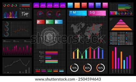 Futuristic data dashboard with various charts, graphs, and global maps on a dark interface, perfect for technology, business analytics, and data visualization projects, 3d rendering