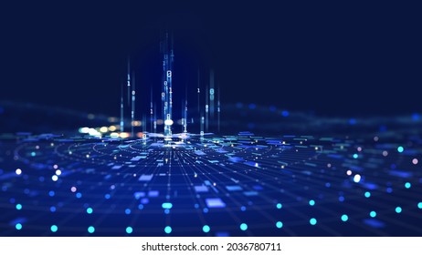 Futuristic data stream 3d illustration. Data transfer technology. Cyberpunk, Big data and cybersecurity. Cyberspace, blockchain transactions. Abstract technological background