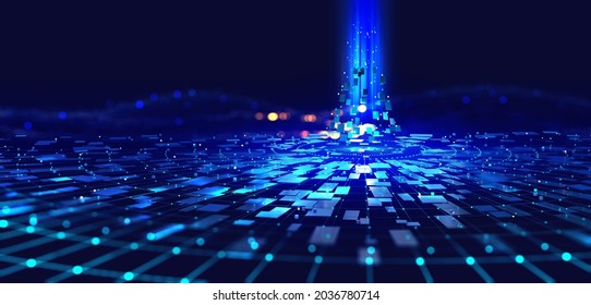 Futuristische Datenstrom 3D-Illustration. Datentransfertechnologie. Cyberpunk, Big Data und Cybersicherheit. Cyberspace, Blockchain-Transaktionen. Abstrakter technischer Hintergrund