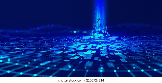 Futuristic data stream 3d illustration. Data transfer technology. Cyberpunk, Big data and cybersecurity. Cyberspace, blockchain transactions. Abstract technological background