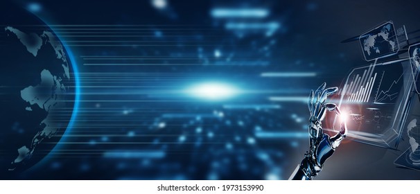 Futuristic design concept. A robotic mechanical arm touching screen. Artificial Intelligence, machine learning  concept. 3D rendering - Shutterstock ID 1973153990