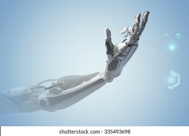 Futuristic design concept. A robotic mechanical arm looks like a human hand. Showing number two with fingers. Counting down sign gesture. Virtual HUD infographic icons.